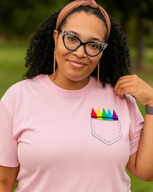 Short Sleeve Faux Embroidered Pocket with/Crayons