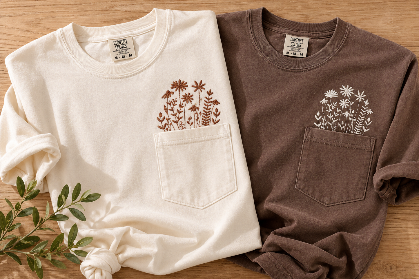 Minimal Ivory Brown Wildflower Pocket Tee | Comfort Colors