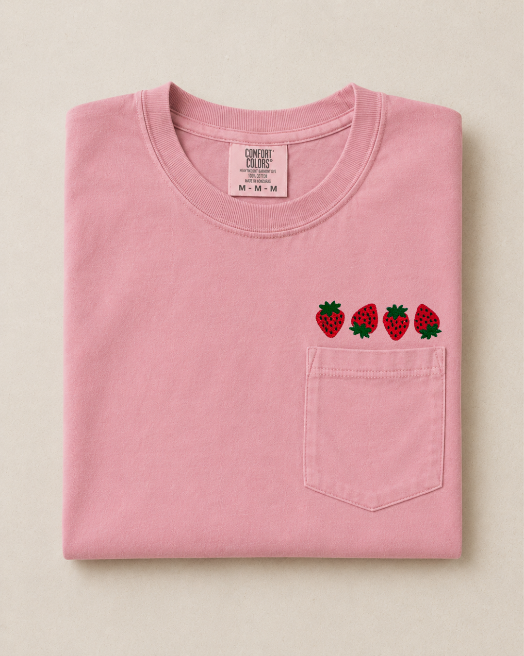 Strawberry Embroidered Comfort Colors Pocket T - Short Sleeve