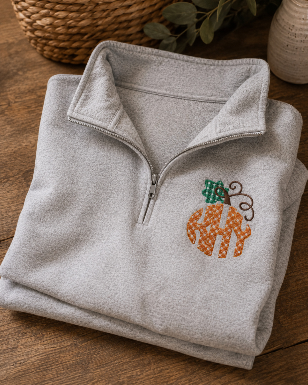 Gingham Pumpkin Monogramed Quarter Zip Sweater