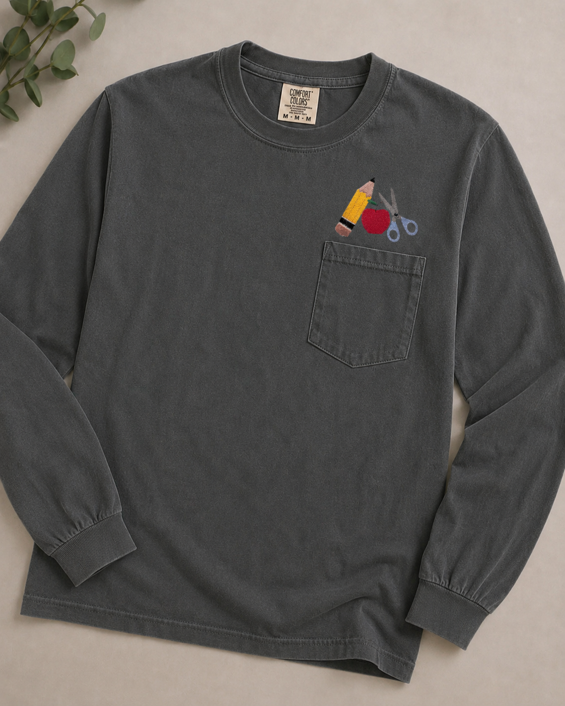 Long Sleeve | Back To School Embroidered | Pencil Apple Scissors Comfort Colors Shirt