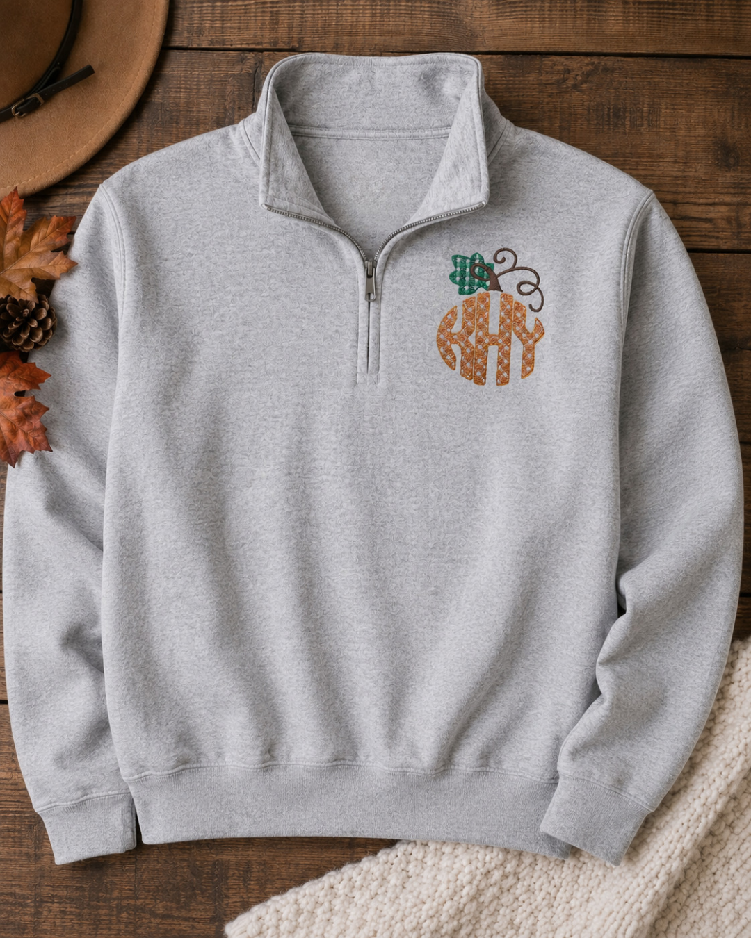 Gingham Pumpkin Monogramed Quarter Zip Sweater