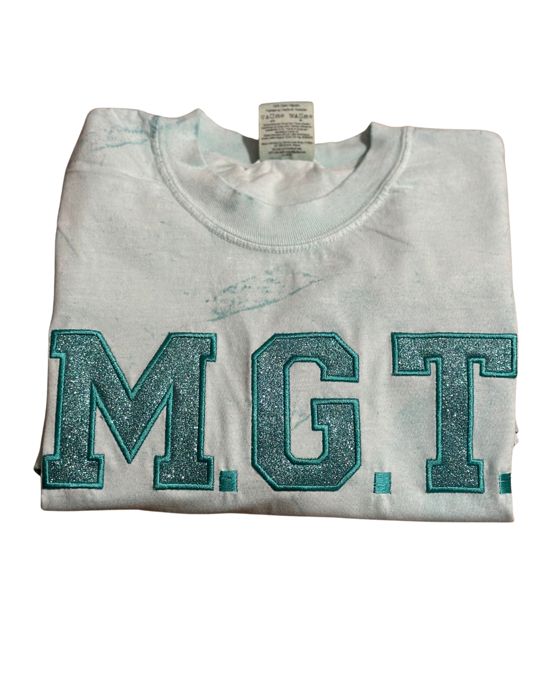 Teal Tie Dye Glitter M.G.T. Embroidered Comfort Color shirt