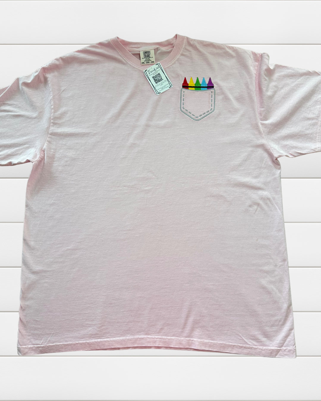 Short Sleeve Faux Embroidered Pocket with/Crayons