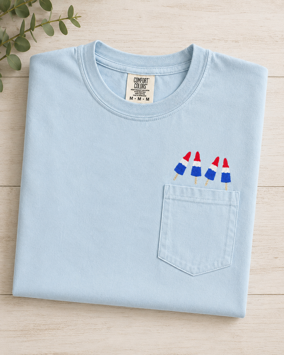 Red, White, and Blue Embroidered Frozen Pop Comfort Color Pocket T