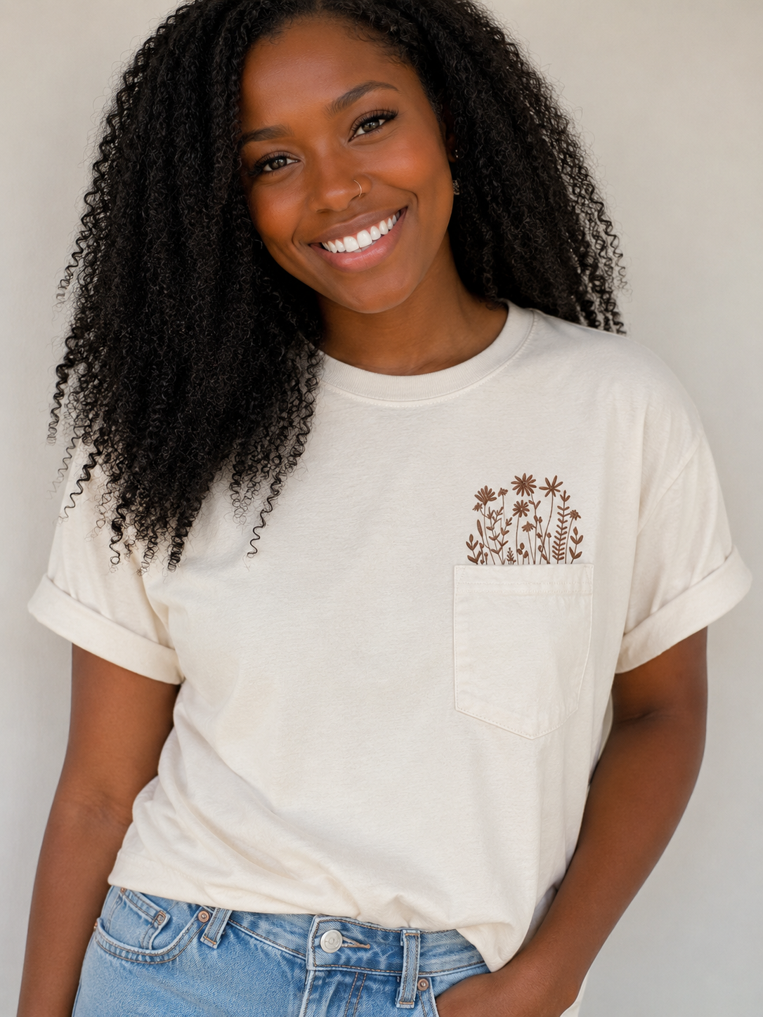 Minimal Ivory Brown Wildflower Pocket Tee | Comfort Colors