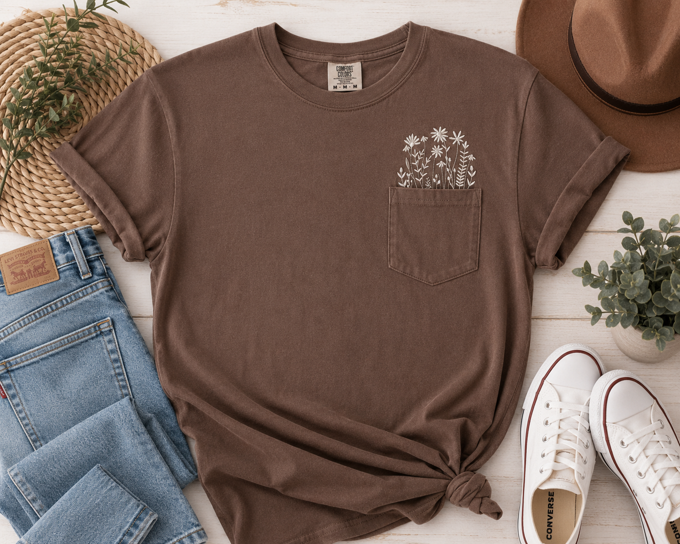 Minimal Ivory Brown Wildflower Pocket Tee | Comfort Colors