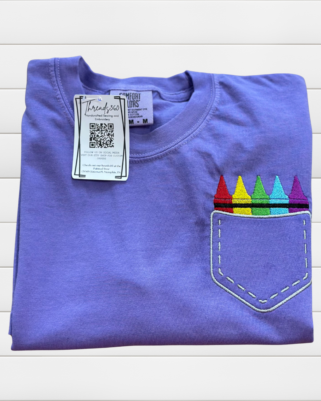 Short Sleeve Faux Embroidered Pocket with/Crayons