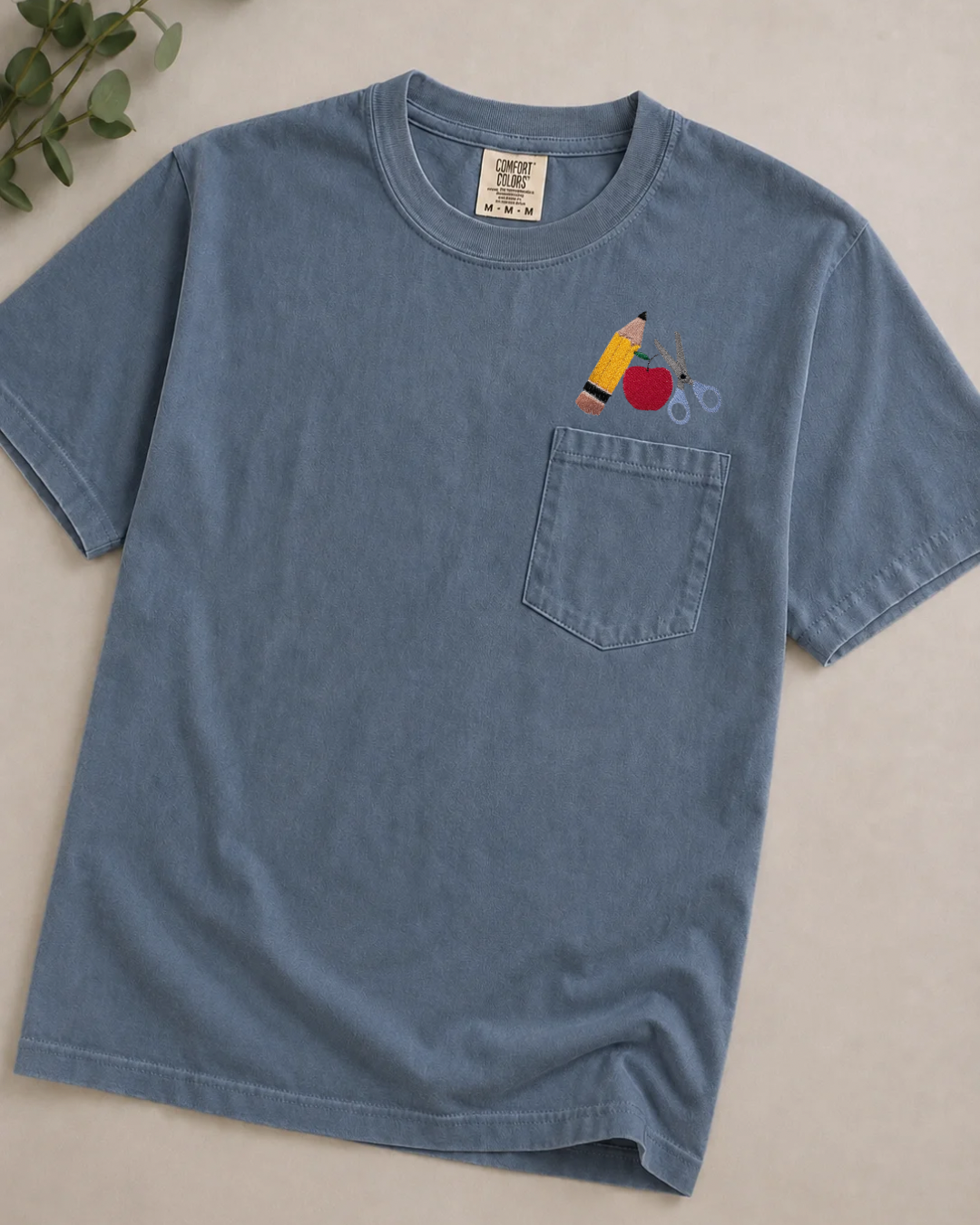 Back To School | Apple Pencil Scissors | Adult Short Sleeve Comfort Colors Pocket T Shirt