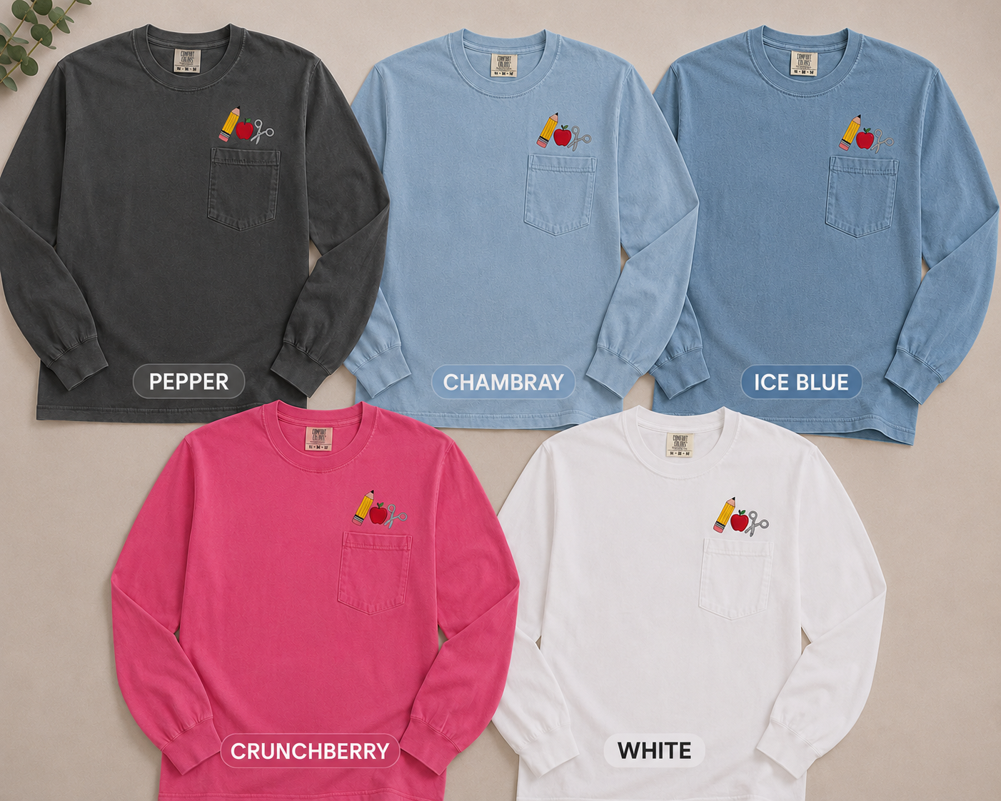 Long Sleeve | Back To School Embroidered | Pencil Apple Scissors Comfort Colors Shirt