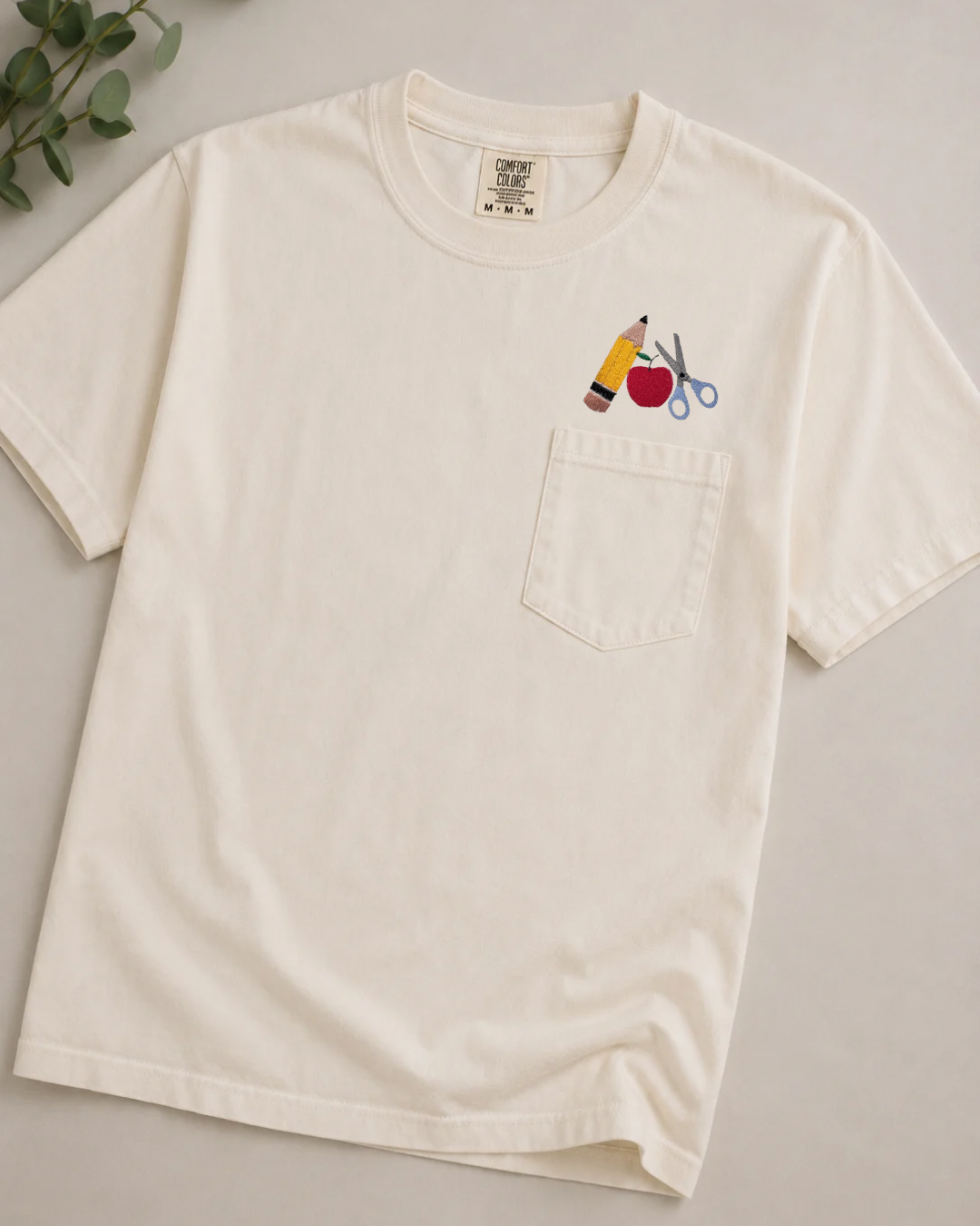 Back To School | Apple Pencil Scissors | Adult Short Sleeve Comfort Colors Pocket T Shirt