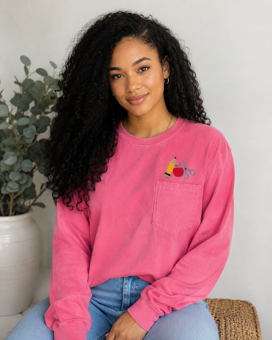 Long Sleeve | Back To School Embroidered | Pencil Apple Scissors Comfort Colors Shirt