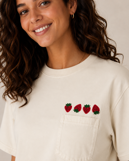 Strawberry Embroidered Comfort Colors Pocket T - Short Sleeve