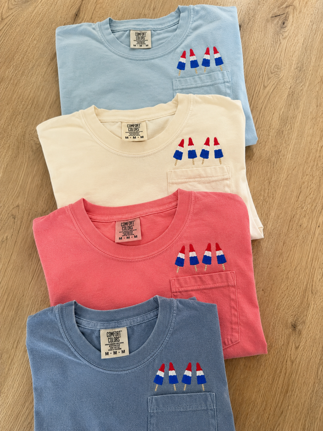 Red, White, and Blue Embroidered Frozen Pop Comfort Color Pocket T