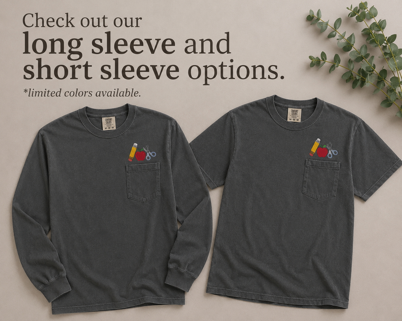 Long Sleeve | Back To School Embroidered | Pencil Apple Scissors Comfort Colors Shirt