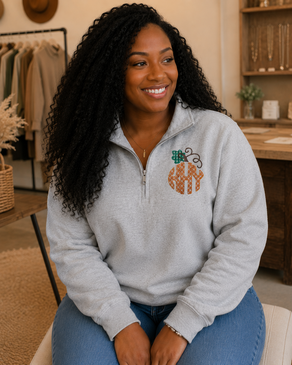 Gingham Pumpkin Monogramed Quarter Zip Sweater