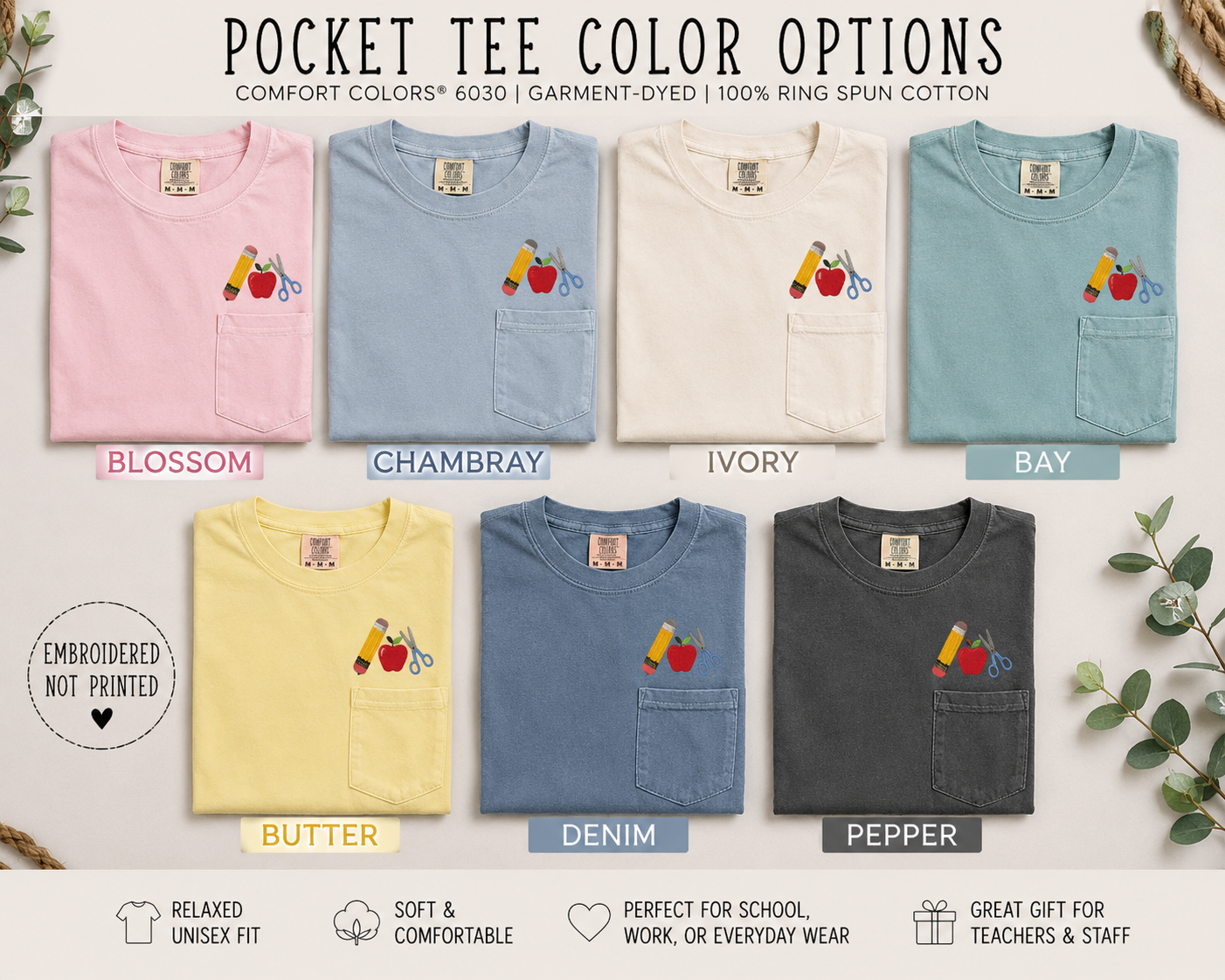 Back To School | Apple Pencil Scissors | Adult Short Sleeve Comfort Colors Pocket T Shirt