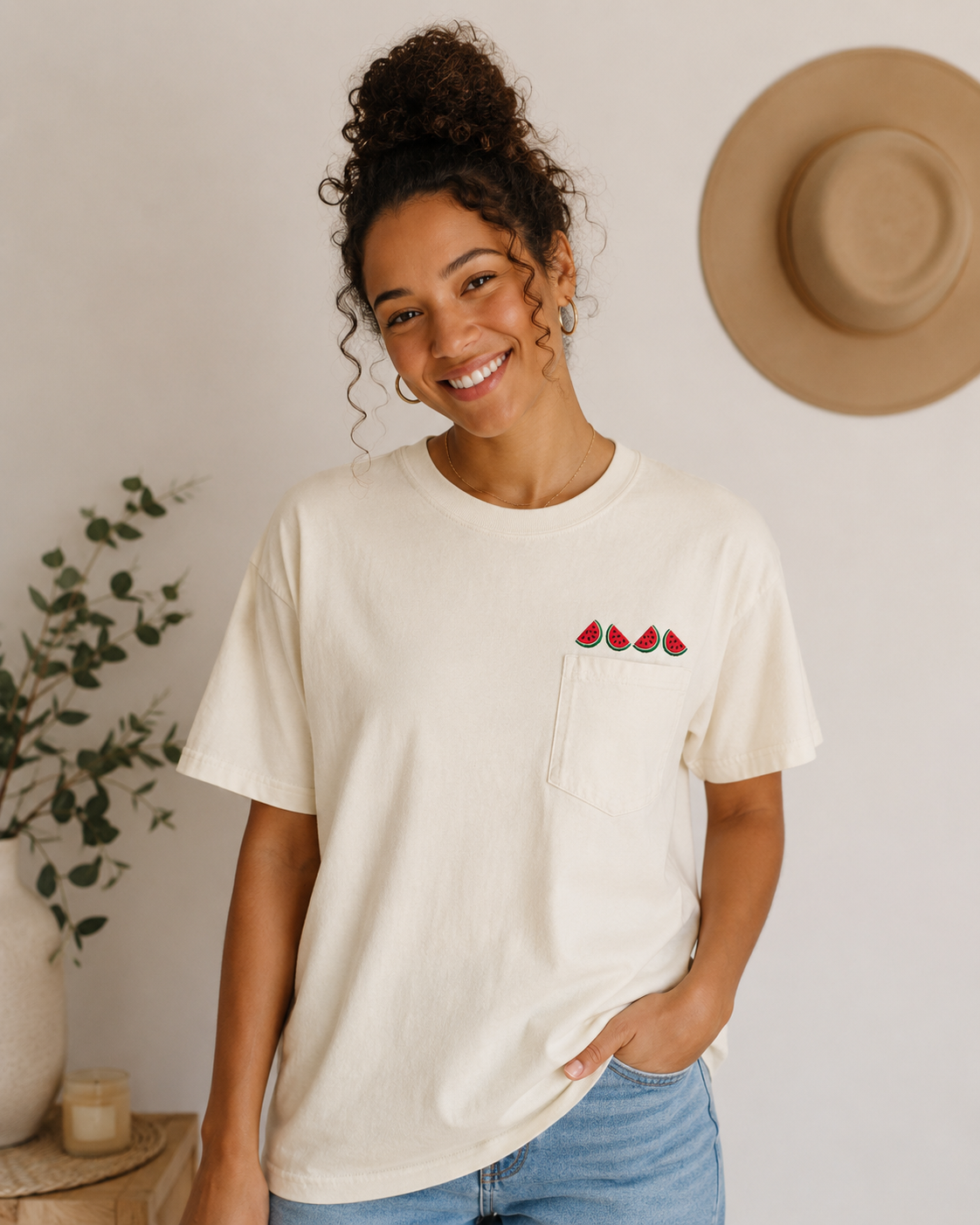 Watermelon Embroidered Comfort Colors Pocket T Shirt