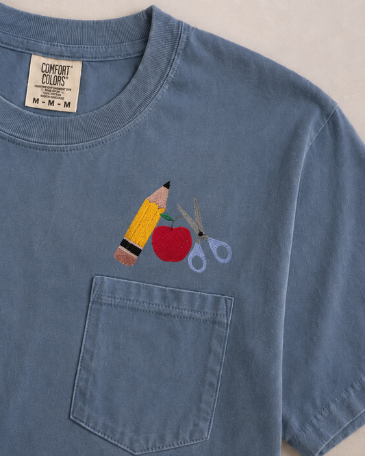 Back To School | Apple Pencil Scissors | Adult Short Sleeve Comfort Colors Pocket T Shirt