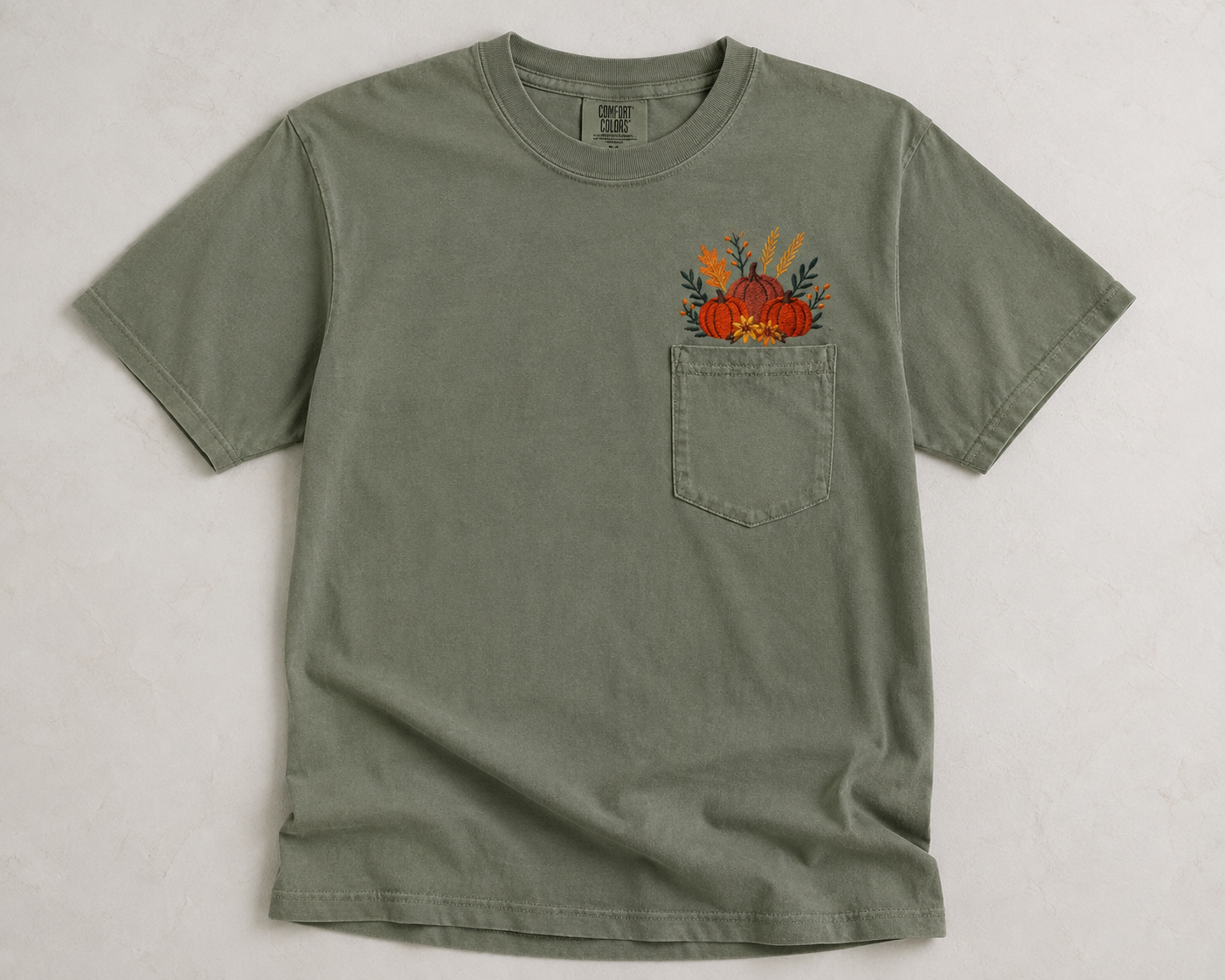 Fall Embroidered Comfort Colors Pumpkin Pocket T Shirt