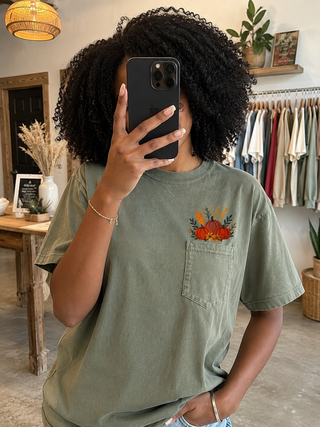 Fall Embroidered Comfort Colors Pumpkin Pocket T Shirt