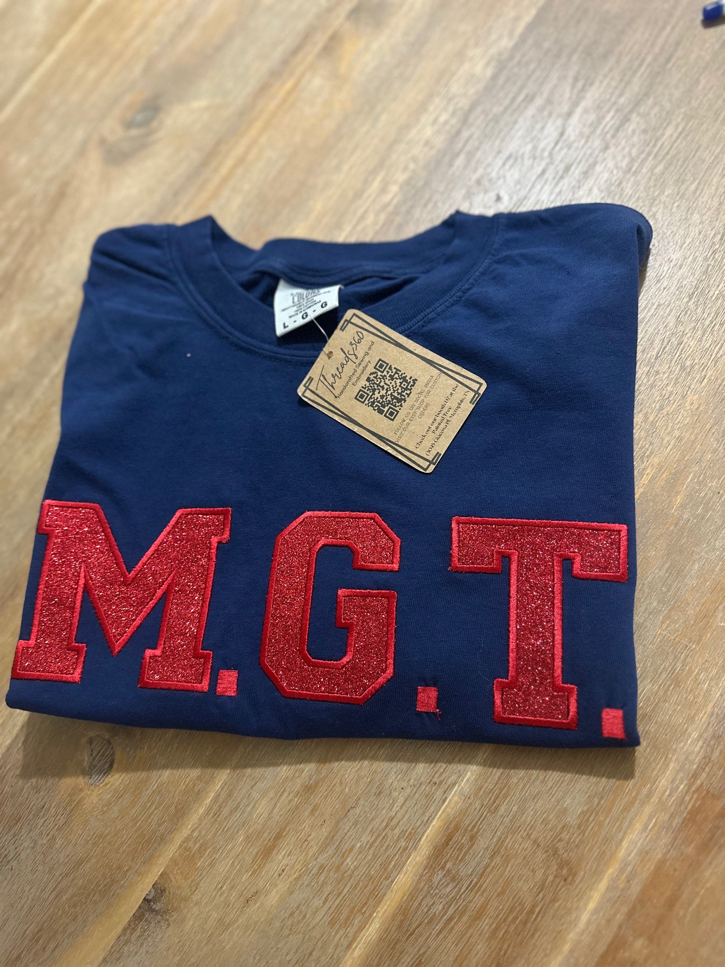 Navy with Red Glitter M.G.T. Embroidered Comfort Color shirt