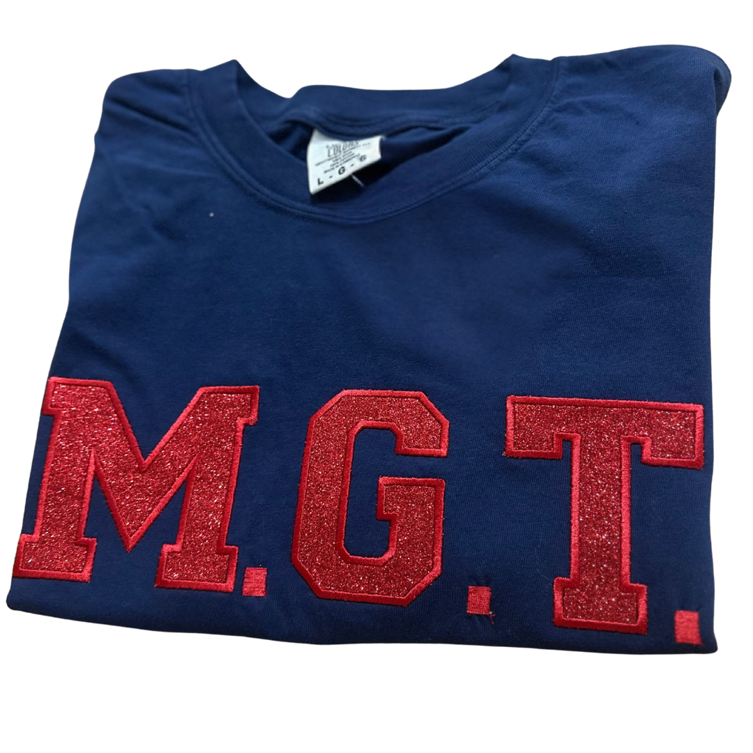 Navy with Red Glitter M.G.T. Embroidered Comfort Color shirt