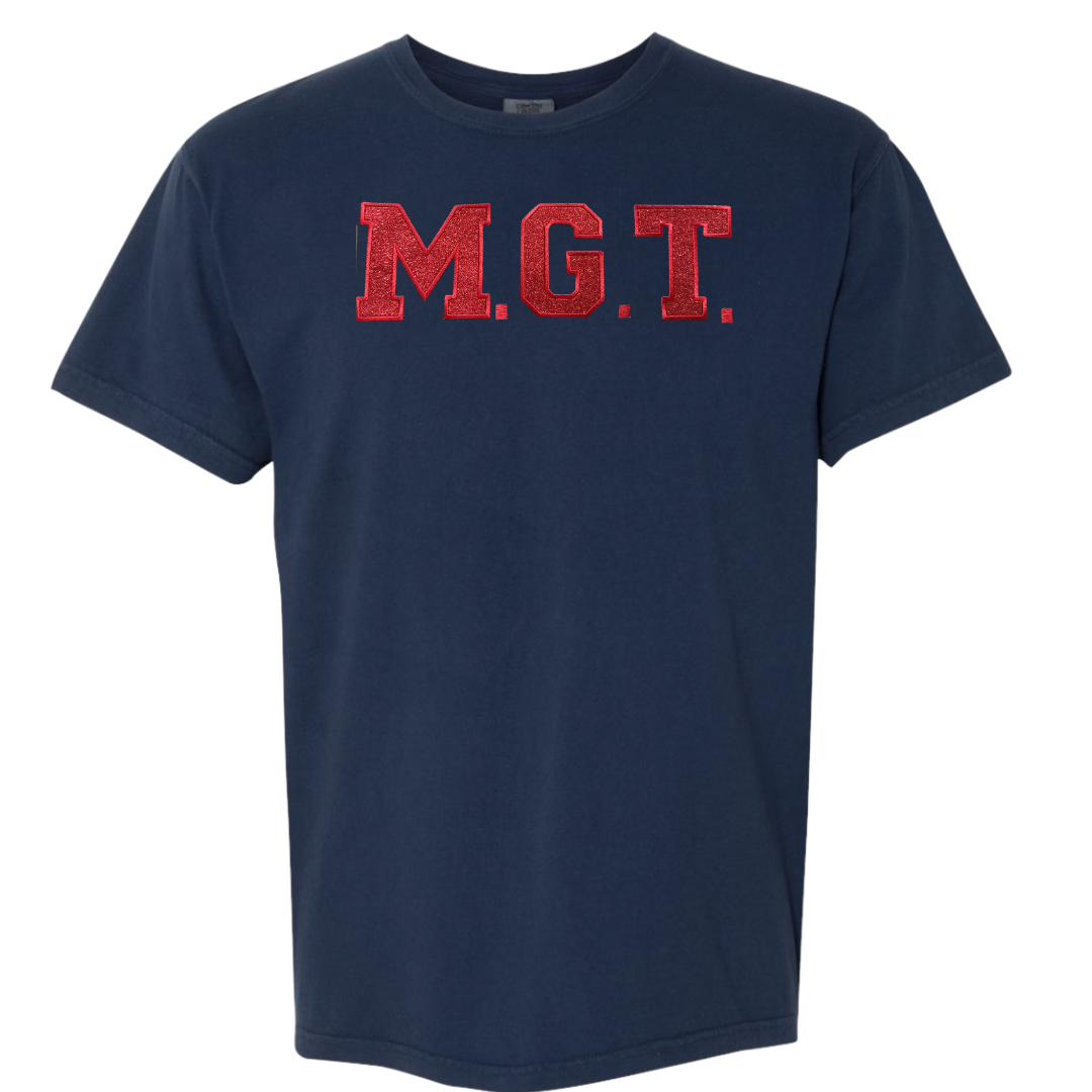 Navy with Red Glitter M.G.T. Embroidered Comfort Color shirt